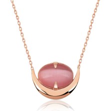 Diger KENPAZAR925 Ayar Gümüş Pembe Kedi Gözü Taşlı Hilal Kolye