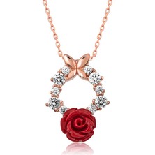 Diger KENPAZAR925 Ayar  Gümüş Rose Kırmızı Gül Kolye