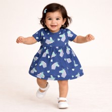 Heyoo Kız Çocuk Elbise Dijital Baskılı Penye Mavi Renkli Yandan Torba Cepli