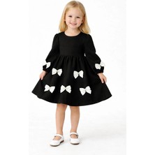 Zepkids Bisiklet Yaka Incili Fiyonklu Siyah Renk Kız Çocuk Elbise