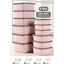 Meleni Home 12'li Çizgili Kare Saklama Kabı Seti - Mikrodalgaya Uygun Gıda Kabı 1,35L 0,85L 0,5l 0,3l Pembe