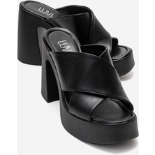 Luvi Essenza Siyah Hakiki Deri Çapraz Bantlı Kadın Platform Blok Topuklu Terlik
