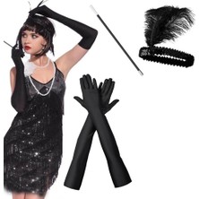 Shopwave 1920'LER Gatsby Aksesuar Seti – Siyah Charleston Saç Bandı, Uzun Eldiven & Sigaralık