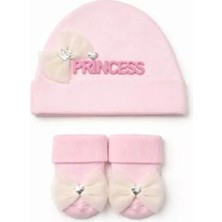 Kardeşler Bebe Kardeşler Kız Bebek Şapka & Çorap Takımı Pembe Pamuk Malzemeden Prenses Desenli