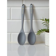 Elfnur 2Adet 28. cm Sert Uçlu Isıya Dayanıklı Yanmaz Yapışmaz Silikon Yemek Servis Kaşığı