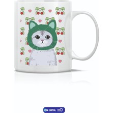 On Dijital Baskı Merkezi Yeşil Kedi Temalı Beyaz Kupa