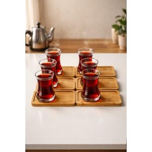 İliva 6'lı Cam Çay Bardağı ve Bambu Bardak Altlığı Seti – Sunumluk Çay Servis Seti, Kurabiyelik Kahvaltılık Tepsi