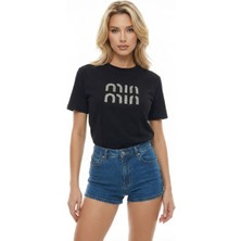 Cemo Kadın Taş Baskılı Basic Siyah Tişört