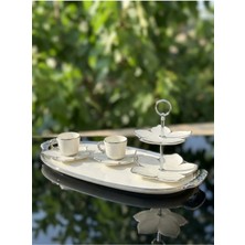 Elta Collection Lüx Gümüş Yaldızlı Porselen Ikram Seti | Tepsili, 2’li Kahve Fincanı ve Katlı Kurabiyelik, Nişan Söz