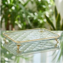 Elta Collection Ayaklı Cam Sunum Tepsisi Yaldız Detaylı Kahve Sunum & Lokumluk Çikolatalık & Dekoratif Servis