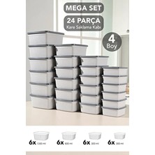 Meleni Home 24'lü Çizgili Kare Saklama Kabı Seti - Mikrodalgaya Uygun Gıda Kabı 1,35L 0,85L 0,5l 0,3l Gri