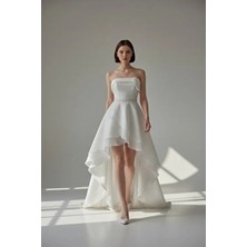 Bride In Love Organze,straplez Yaka,önü Kısa Arkası Uzun Gelinlik, Nikah Elbisesi,after Parti Mini Gelinlik