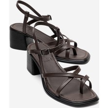 Luvi Lavısh Kahverengi Hakiki Deri Kadın Kalın Topuklu Sandalet