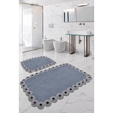 Teksev Gülruba Köşeli Koyu Gri Çeyizlik Dantelli 2'li Banyo Paspası Seti Kaymaz Tabanlı Klozet Takımı