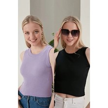 Catspy Kadın Lila Siyah Halter Yaka 2'li Crop Bluz