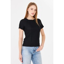 Sortie Collection Kadın Korset Görünümlü Dikiş Detaylı Fitilli Tshirt Siyah