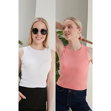 Catspy Kadın Beyaz Pudra Halter Yaka 2'li Crop Bluz