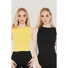 Seise Tekstil Kadın Halter Yaka Fitilli 2'li Paket Crop Bluz