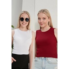 Catspy Kadın Bordo Beyaz Halter Yaka 2'li Crop Bluz