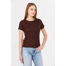 Sortie Collection Kadın Korset Görünümlü Dikiş Detaylı Fitilli Tshirt Kahverengi