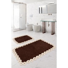Teksev Gülruba Köşeli Kahverengi Çeyizlik Dantelli 2'li Banyo Paspası Seti Kaymaz Tabanlı Klozet Takımı