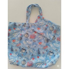 Deniz Temalı Duck Kumaş El Yapımı Ikili Çanta Seti - Fermuarlı Plaj ve Kozmetik Çantası 64X50 - 30X20