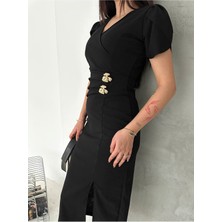 Sharin Kadın Siyah Krep Kumaş Kısa Kol Kruvaze Yaka Midi Boy Elbise 10E-2403