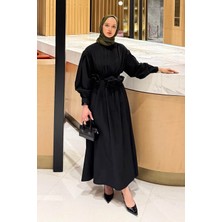 Lamelif Pileli Poplin Elbise Siyah