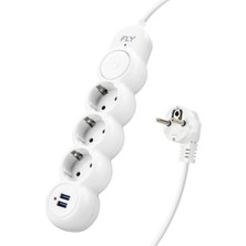 Marsilyan Termal Akım Korumalı Uzatma Kablosu 3 Priz + 2x USB 2.1A Anahtarlı 2 M - Beyaz 3393-01
