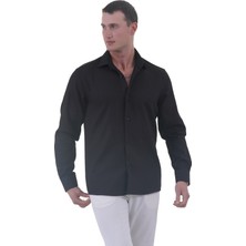 Exve Exclusive Siyah Soft Yaka Armür Dokulu Rahat Kalıp Elegant Pamuk Dokuma Gömlek