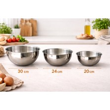Net Çelik Paslanmaz Çelik Mayonez Kasesi Karıştırma Çırpma Kabı 3'lü Set ( 20,24,30 cm )