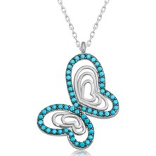 Kenpazar  Gümüş Turkuaz Taşlı Kelebek Kadın Kolye