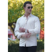 Exve Exclusive Bej Rengi Soft Yaka Armür Dokulu Rahat Kalıp Elegant Pamuk Dokuma Gömlek