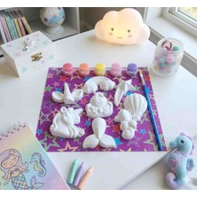 Queens Atölye Çocuklar Için Taş Tozu Figür Boyama Kiti - Unicorn, Deniz Kızı ve Gökkuşağı Serisi - (8 Figür + 5 Renk + Fırça)