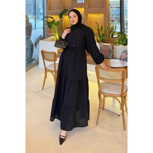 Lamelif Bel Büzgülü Tesettür Elbise Siyah