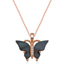 Kenpazar Gümüş Rose Antrasit Kaplangözü Taşlı Kelebek Kolye