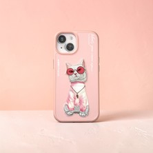 iPhone 15 Uyumlu 3D Gerçek Nakış Işlemeli Gözlük ve Zincir Detaylı Premium Kedi Kılıf