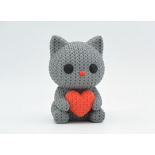 Örgü Görünümlü Kalp Tutan Kedi Figürü - Gri Dekoratif Biblo ve Hediye (1 Adet)