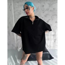 Çamaşır Kenti Yarım Fermuarlı Düz Oversize T-Shirt - Siyah Midas Wear