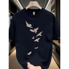 Çamaşır Kenti 20/1 Penye Compack Özgür Kuşlar Baskılı Baskılı Oversize Bisiklet Yaka T-Shirt - Beyaz Midas
