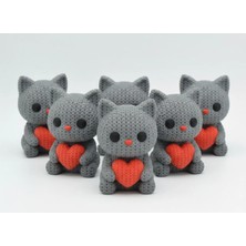 Örgü Görünümlü Kalp Tutan Kedi Figürü - Gri Dekoratif Biblo ve Hediye (5 Adet)