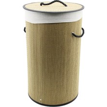 MidasTech Yuvarlak Hasır - Ahşap Kirli Çamaşır Sepeti 37X60CM Seyyar Kapaklı Içi Bezli Ip Kulplu (4