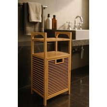 Bambuland Bambu Ahşap Çamaşır Sepeti - 95 cm Raflı ve Bez Torbalı Organizer