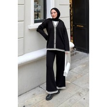 Lamelif Çizgili Triko Takım Siyah