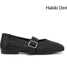 Gönderi(r) Kadın Siyah  Baskılı Mary Jane Hakiki Deri Babet