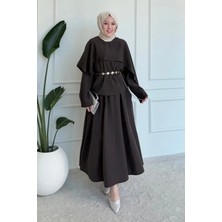 Tesettür Diyarı Polya Tesla Kumaş Pelerin Bluzlu Etekli Tesettür Takım- Acı Kahve