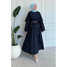 Tesettür Diyarı Polya Tesla Kumaş Pelerin Bluzlu Etekli Tesettür Takım- Lacivert