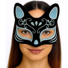 Siyah Renk Süet Kaplama Üzeri Gümüş Mavi Simli Kedi Maskesi 17X14 cm Midastech