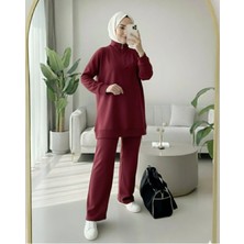 Modamorfo Yarım Fermuarlı Boğazlı Penye Takım -Bordo