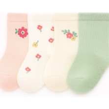 Solde Pamuklu Yapıda Kaymaz Tabanlı 4’lü Pastel Çiçek Desenli Bebek Çorap Seti – Yumuşak & Konforlu